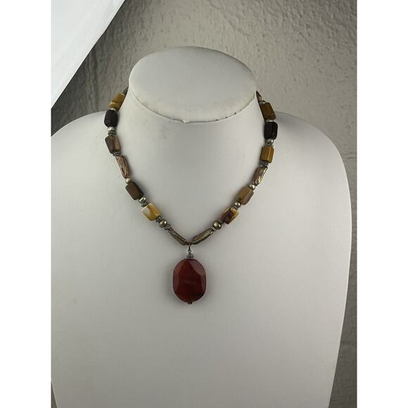 Sterling Silver Real Pearl Ceramic & Stone Necklace Toggle Clasp 16" Fall Colors - Picture 10 of 12